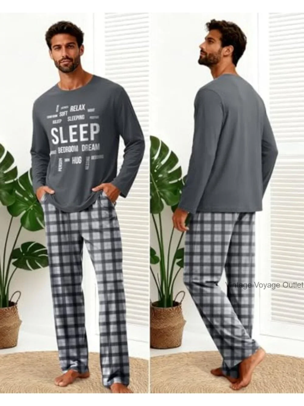 Mens Pajama Set Long Sleeve Sleep Set Lightweight Sleepwear 2-Piece Plaid